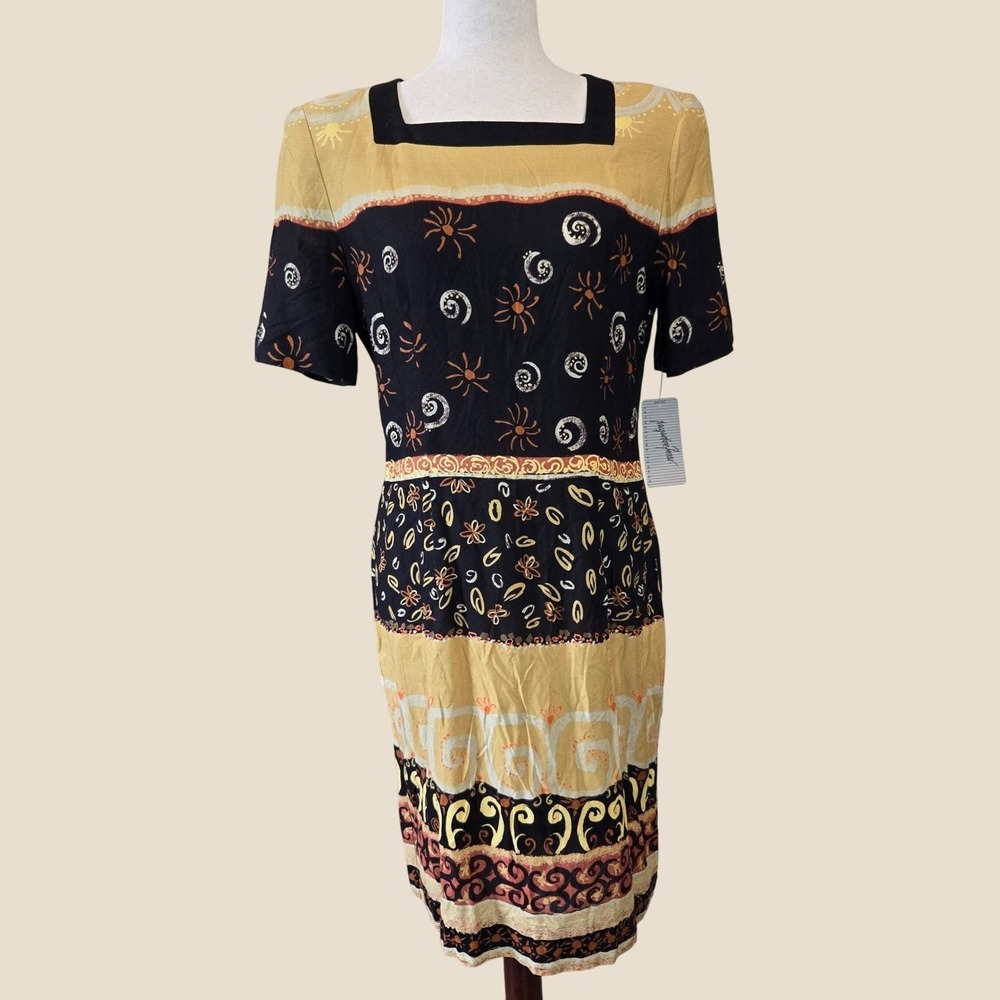 Sheath Dress Womens 10 Gold Black Celestial Sun Print Whimsigoth‎ Celestial Boho